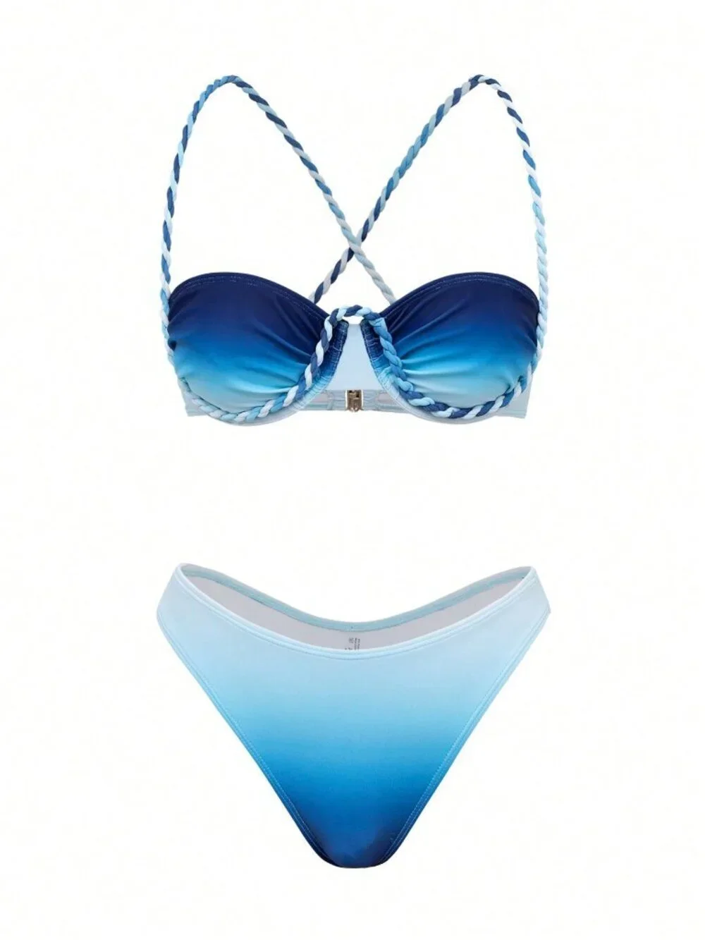Blue Sexy Women'sTight Gradient Print Braided Rope Beach Mesh Skirt Bikini Set